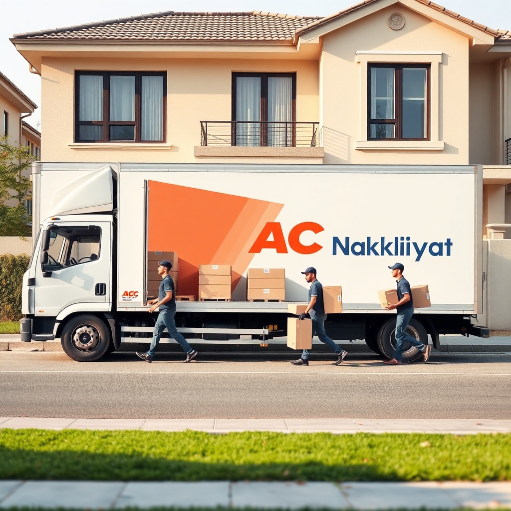A clean photorealistic photo of a modern moving truck with ABC Nakliyat logo parked in fro