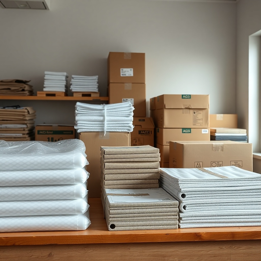 <clean photorealistic photo of ABC Nakliyat's packaging station with stacks of bubble wrap