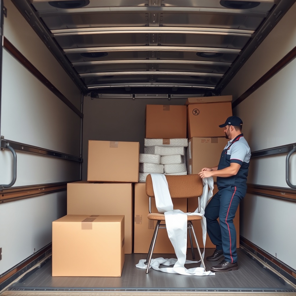 <clean photorealistic photo of a moving truck interior showing neatly arranged boxes with