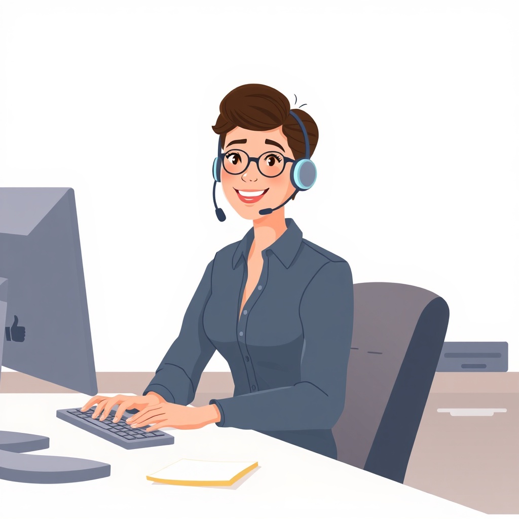A photorealistic illustration of a customer service representative sitting at a desk with