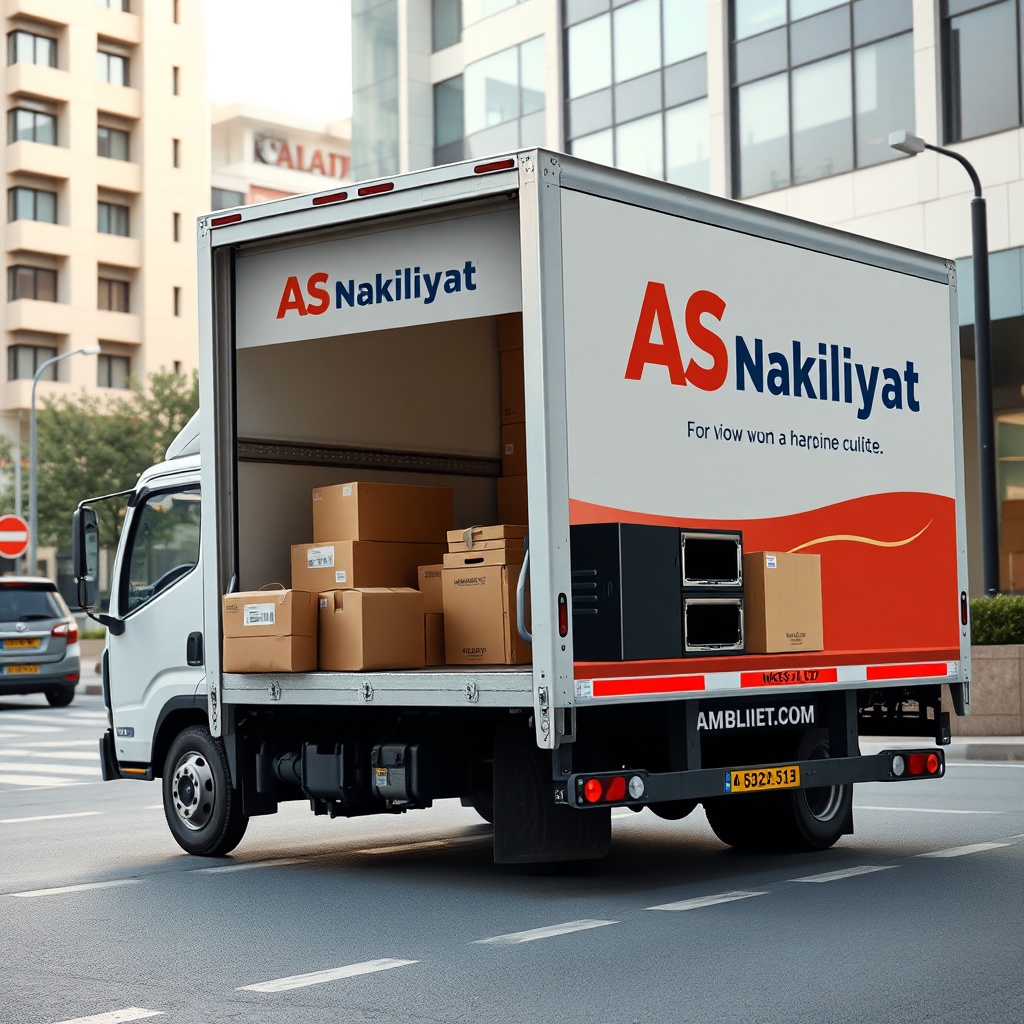 <clean photorealistic photo/illustration of a moving truck with AS Nakliyat branding on a