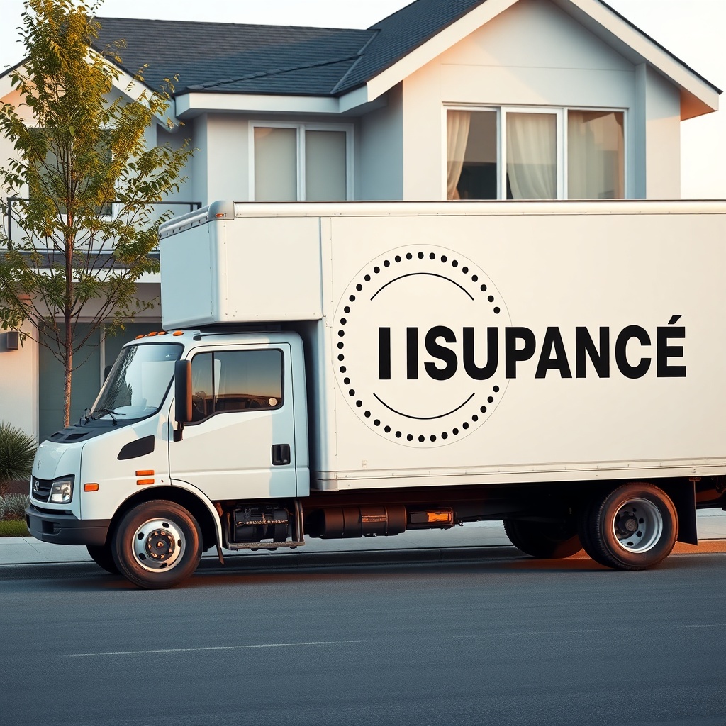 A clean photorealistic photo of a moving truck with a large insurance sticker on the side
