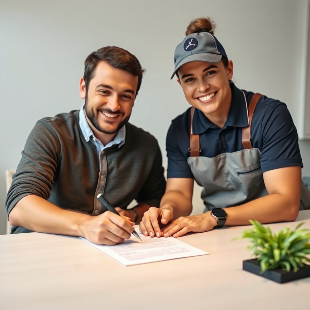 A clean photorealistic photo of a person signing a contract with a moving company represen