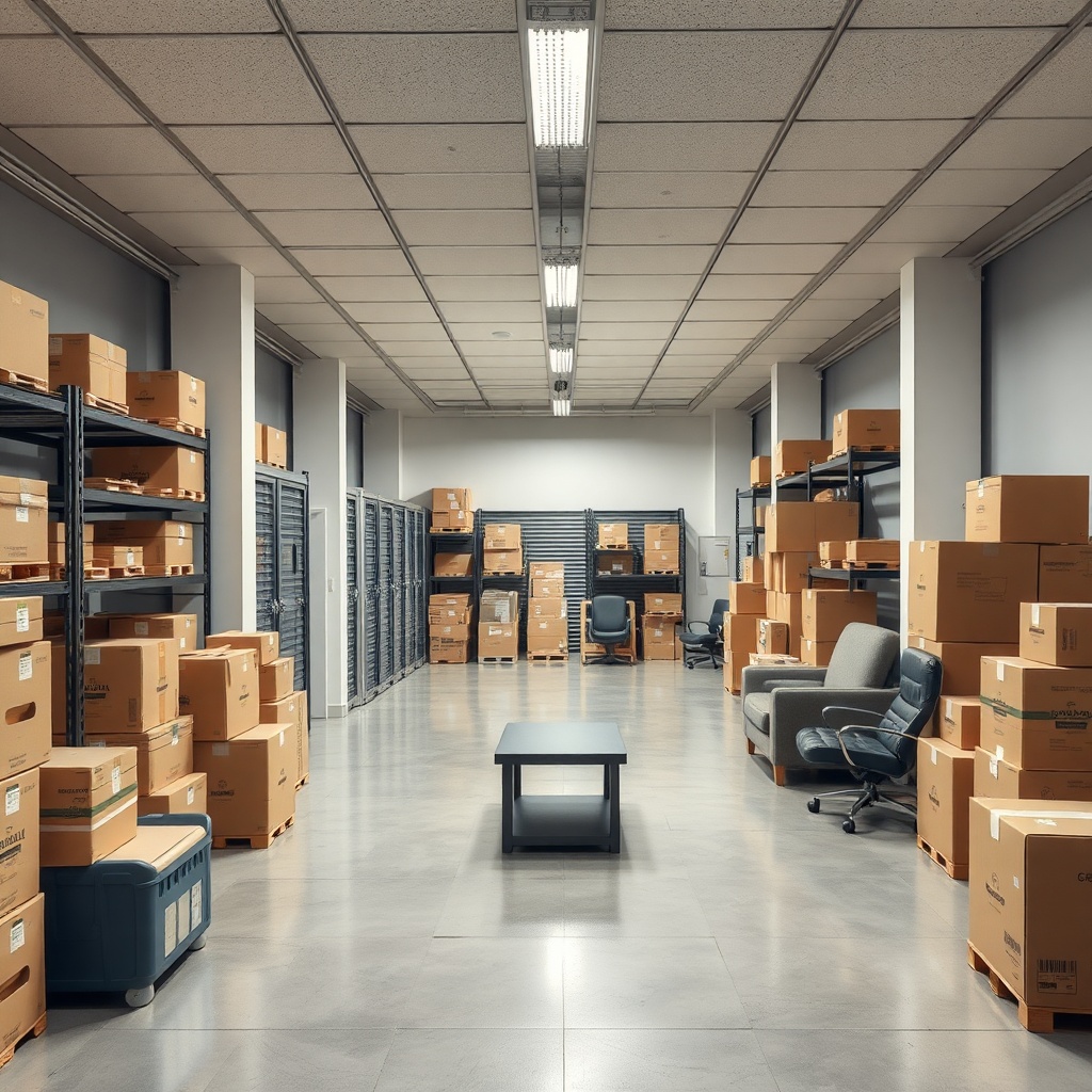<clean photorealistic photo of a spacious climate-controlled storage facility with stacked