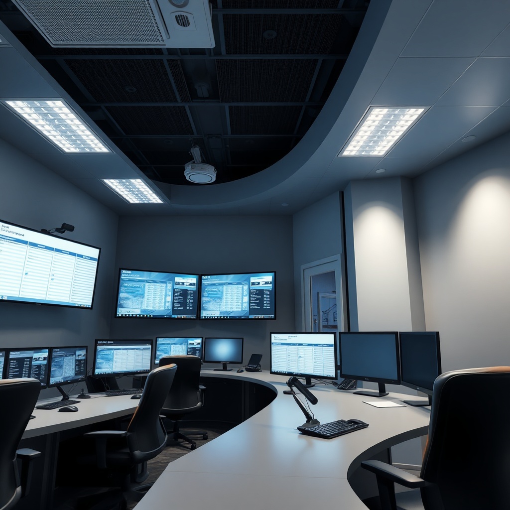 <clean photorealistic photo of a security control room monitoring multiple storage unit sc