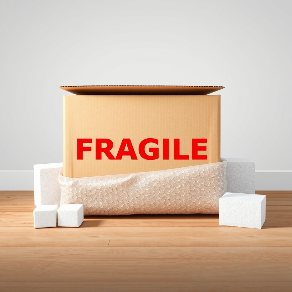 <clean photorealistic photo/illustration of a moving box with "FRAGILE" red text