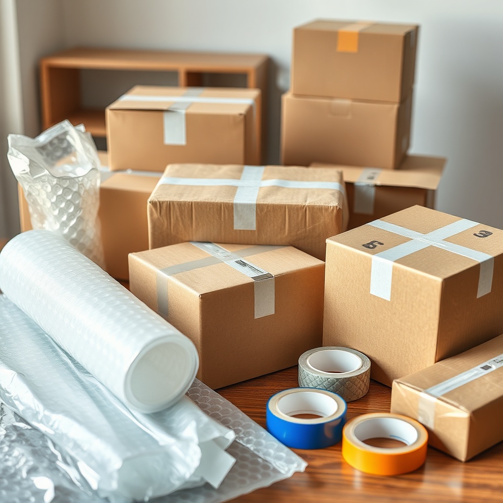 <clean photorealistic photo of various packing materials like bubble wrap