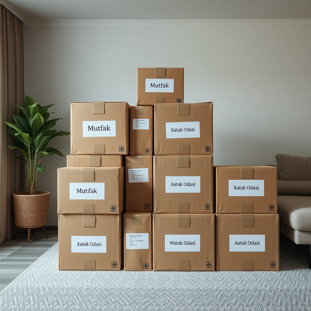 <clean photorealistic photo of boxes labeled with room names (e