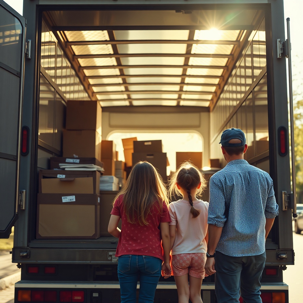Cinematic medium shot of a moving truck with a family watching their belongings being load