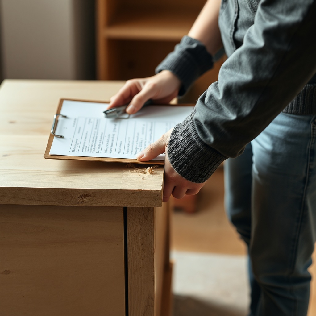 Close-up shot of a person inspecting a damaged furniture piece with a clipboard in hand