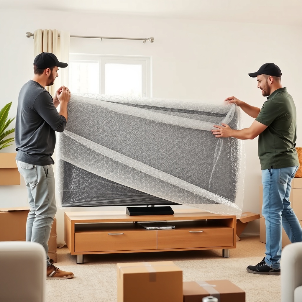 A clean photorealistic photo of a moving team carefully wrapping a large flat-screen TV in