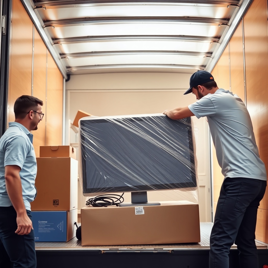 A clean photorealistic photo of a moving team placing a wrapped computer monitor into a pa