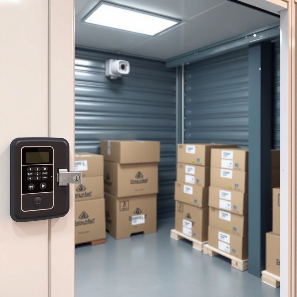 <clean photorealistic photo of a secure storage unit with a digital lock