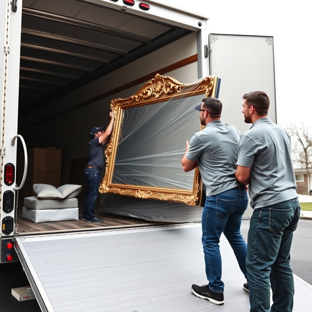 <A realistic photo of a moving team carefully loading a wrapped antique mirror onto a spec