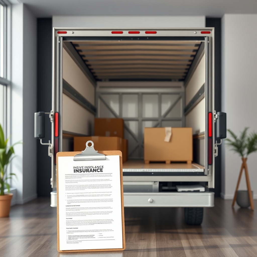<clean photorealistic photo of a moving truck with insurance documents and a clipboard; mo