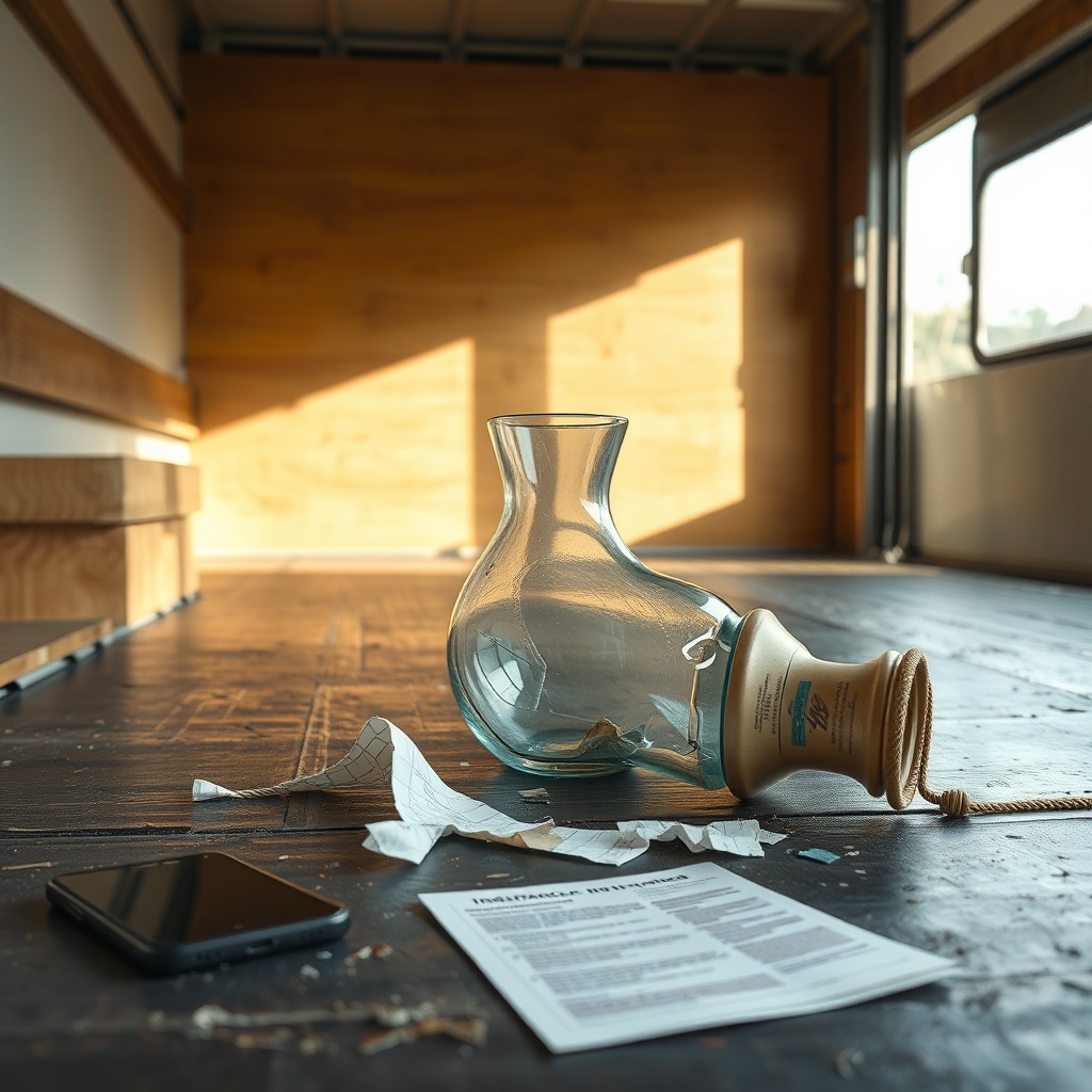 <clean photorealistic photo of a broken vase on a moving truck floor; insurance papers and