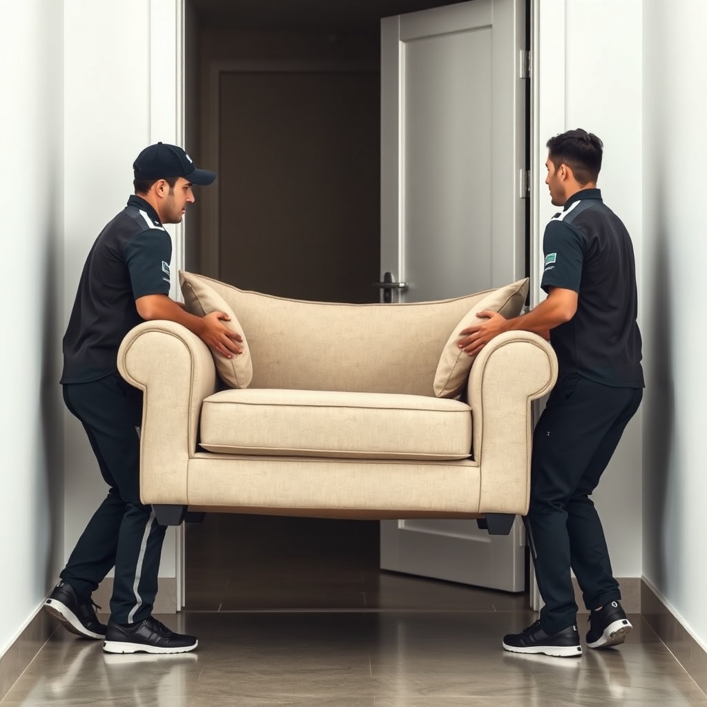<A photorealistic photo of a moving team in uniform carefully carrying a large sofa throug