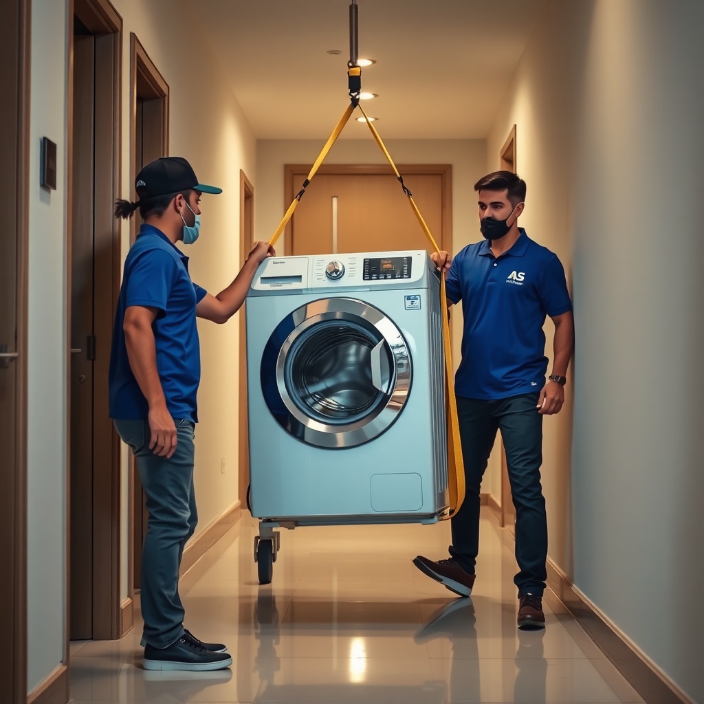 <clean photorealistic photo of AS Nakliyat team using a lifting strap to carry a washing m