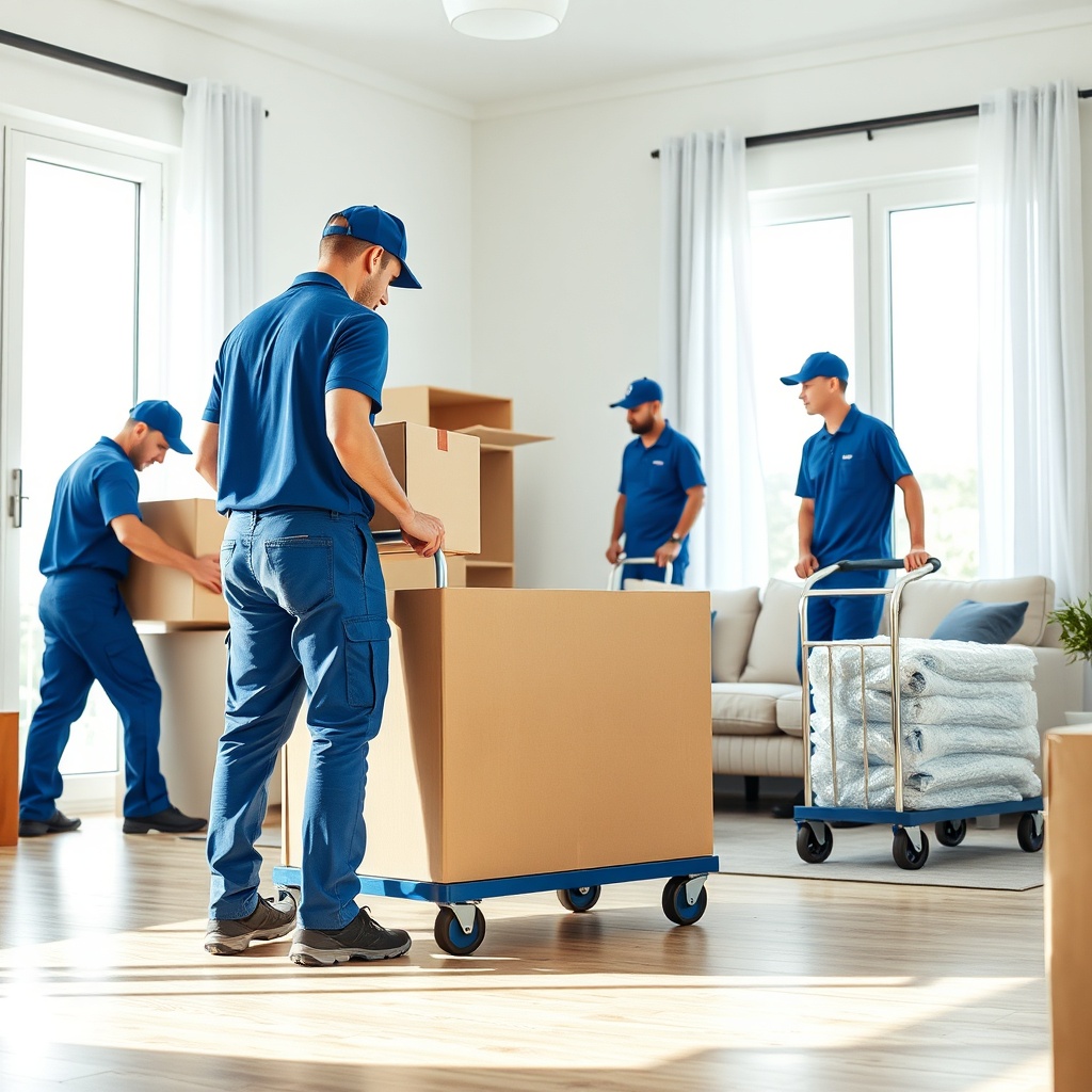 <clean photorealistic photo of professional moving team wearing blue uniforms and packing