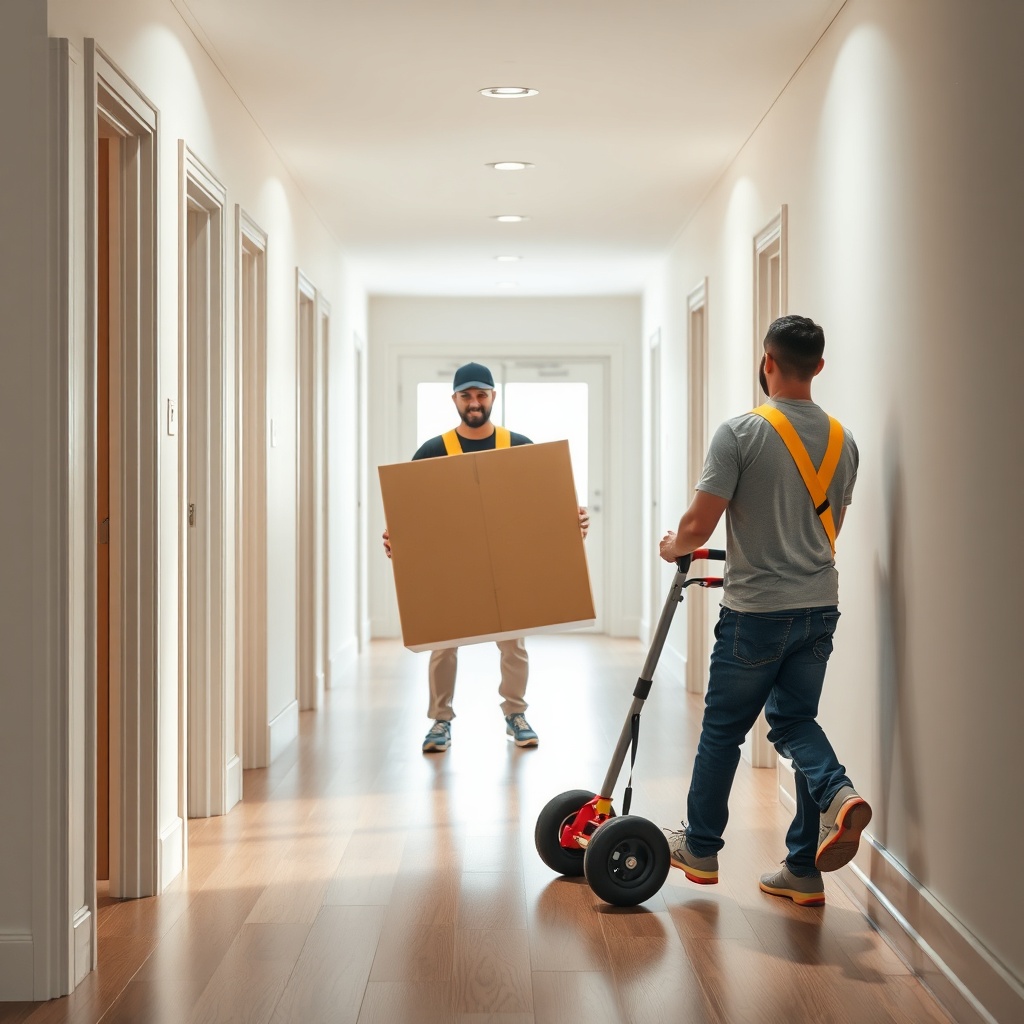 <clean photorealistic photo of moving team using furniture dolly and lifting straps during