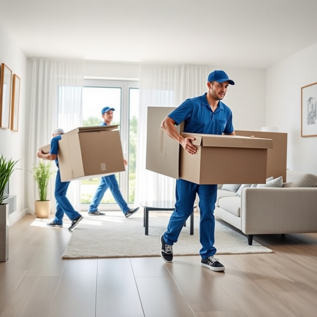 <clean photorealistic photo/illustration of a professional moving team wearing blue unifor