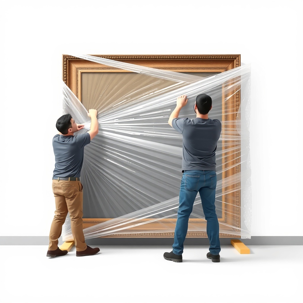 <clean photorealistic photo/illustration of a protective moving team carefully wrapping a