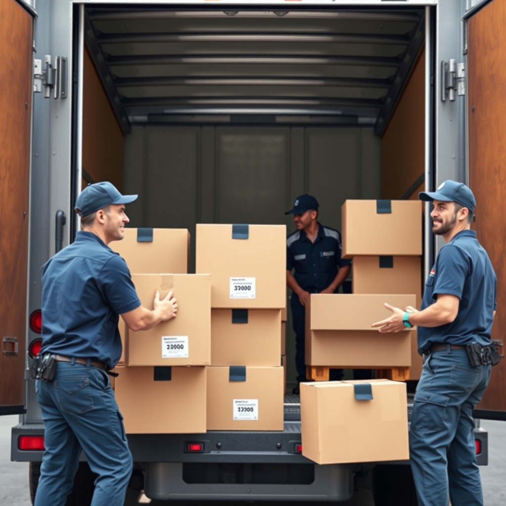 <clean photorealistic photo/illustration of a professional moving team in uniforms