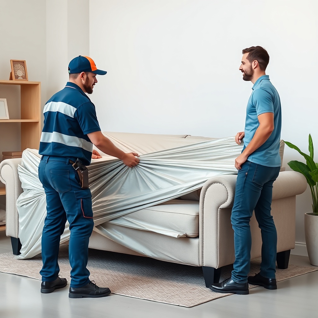 <clean photorealistic photo/illustration of movers carefully wrapping a large sofa with pr